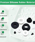 65 Pack Top Hat Rubber Grommets Assortment Kit featuring black and white waterproof silicone grommets on a white surface