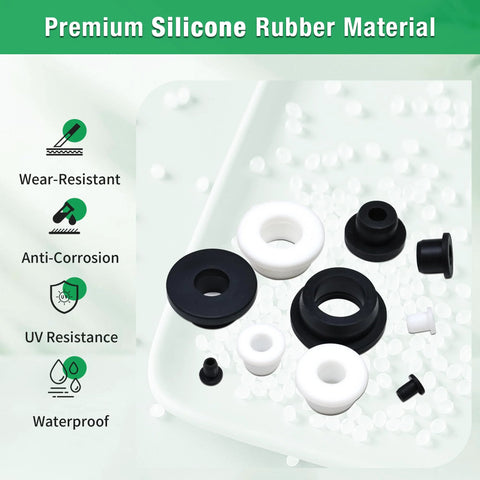 65 Pack Top Hat Rubber Grommets Assortment Kit featuring black and white waterproof silicone grommets on a white surface