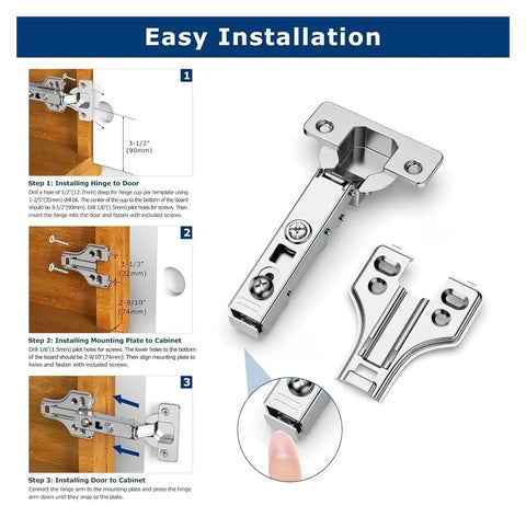 3D Adjustable Removable Cabinet Hinges With Soft Close Satin Nickel Finish showing installation steps