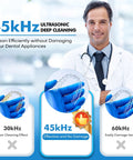 Doctor holding dental retainer next to ultrasonic cleaner options, highlighting 45kHz effective cleaning for dental appliances.