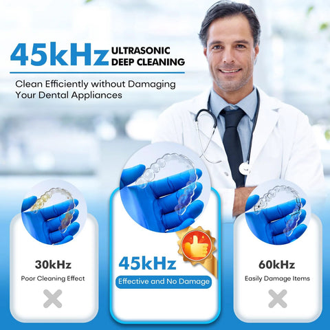 Doctor holding dental retainer next to ultrasonic cleaner options, highlighting 45kHz effective cleaning for dental appliances.
