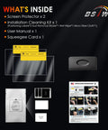Contents of Laser Precision 15.6 Inch Screen Protector Fits 2027 Rivian R2 Trims, including cleaning kit and installation tools.
