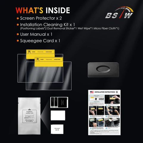 Contents of Laser Precision 15.6 Inch Screen Protector Fits 2027 Rivian R2 Trims, including cleaning kit and installation tools.