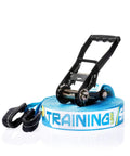 Ultimate 60 Ft Slackline Training Kit For Beginners with Ratchet and blue webbing