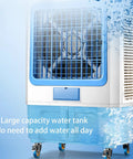Heavy Duty Commercial Grade Jumbo Windowless Evaporative Air Cooler With Eight Ice Packs showing large water tank and fan details.