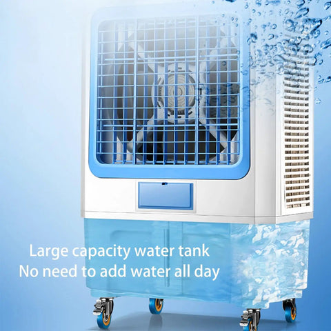 Heavy Duty Commercial Grade Jumbo Windowless Evaporative Air Cooler With Eight Ice Packs showing large water tank and fan details.
