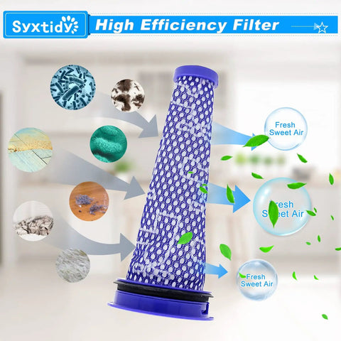 Dyson DC50 Vacuum Filter Replacement Set with HEPA post filter showing air purification process and design details