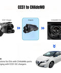 Illustration showing Heavy Duty Ccs1 To Chademo Adapter For Dc Ev Fast Charging Connector compatible with Nissan Leaf.