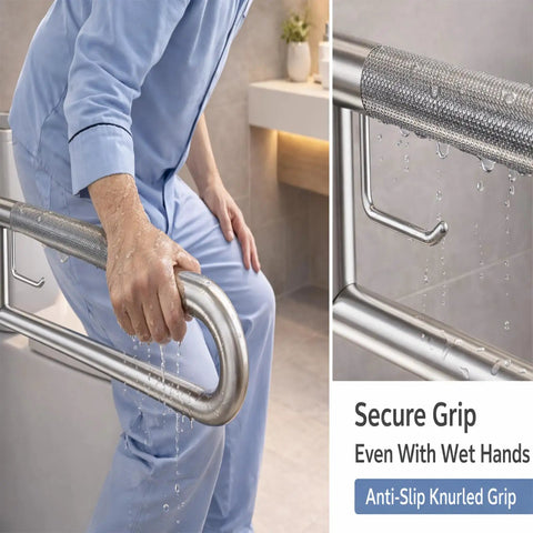 Super Sturdy Flip Up Toilet Grab Bar With Integrated Paper Holder Heavy Duty Stainless Steel Bathroom Safety Rail Anti Slip Folding Handrail For Seniors No Sweat Setup with anti-slip grip and water droplets.