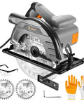Pro Grade 7 1/4 Inch Circular Saw With A Powerhouse Motor That Slices Through Hardwood Lightweight Portable Design with safety glasses and gloves.