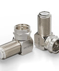 90 Degree Right Angle Coaxial Adapter For RG6 Cables Solid Copper Nickel Plated Elbow Connectors showing two compact nickel connectors.