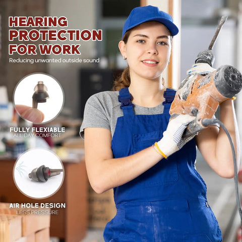 Worker in blue overalls holding a drill, highlighting hearing protection benefits with high fidelity concert earplugs.