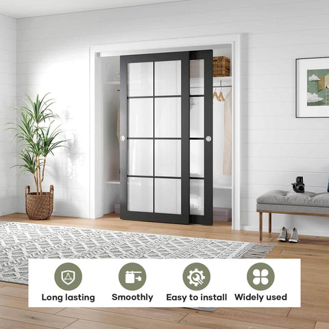 Bypass Pocket Door Hardware Kit 6 Foot 72 Inch Double Sliding System, aluminum track, installed with two doors in a modern room.