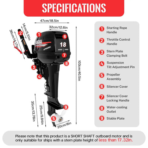 LIWBYYG Two Stroke 18HP Outboard Motor with specifications and components highlighted includes water-cooling and CDI ignition.