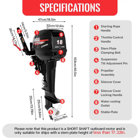 HangKai 18 HP Two Stroke Outboard Motor With Water Cooling System And Short Shaft Heavy Duty CDI Ignition System Ideal For Motorboats Fishing Boats Wooden Boats And Rubber Boats