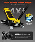Front view of VEVOR 3-Ton low-profile racing floor jack, yellow and black with dual-piston pump; aluminum/steel construction.