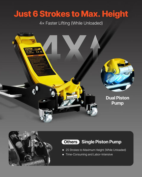 Front view of VEVOR 3-Ton low-profile racing floor jack, yellow and black with dual-piston pump; aluminum/steel construction.