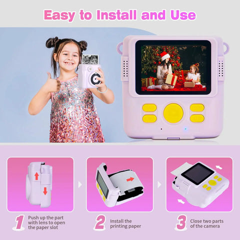 Kids Instant Print Camera Paper Refills 16 Rolls White Thermal Paper For Photo Printer Compatible With ESOXOFFER Dylanto Cimizi Himont Kids Cameras Each Roll About 236 Inches Long Prints 75 To 90 Photos, shown with easy install steps