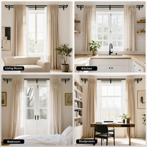 Double Curtain Rod For Windows 84 To 120 Inches Black 1 Inch Adjustable Heavy Duty Drapery Rod in living room, kitchen, bedroom, study