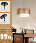 A Straight Up Game Changer 4Light Rattan Chandelier With Linen Drum Shades Elevates Any Dining Area By Adding A Relaxed Boho Touch Through Natural Wicker Craftsmanship And Soft Filtered Ceiling Lighting hanging over a dining table.