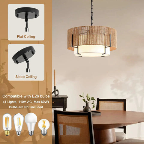 A Straight Up Game Changer 4Light Rattan Chandelier With Linen Drum Shades Elevates Any Dining Area By Adding A Relaxed Boho Touch Through Natural Wicker Craftsmanship And Soft Filtered Ceiling Lighting hanging over a dining table.