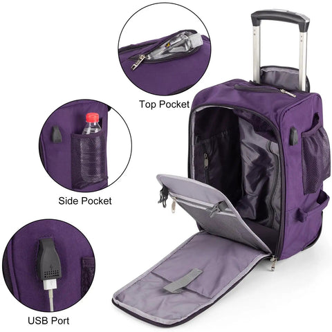 Rolling Personal Item Under Seat Duffle Bag 17x10x9 Inches Fits Most Major Airlines Including Spirit and Frontier with open compartments