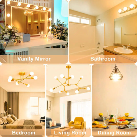 Various rooms using G25 LED Vanity Light Bulbs 5W 40W Equivalent, 2700K Warm White, Globe Shape, E26 Base, Non Dimmable, 4 Pack
