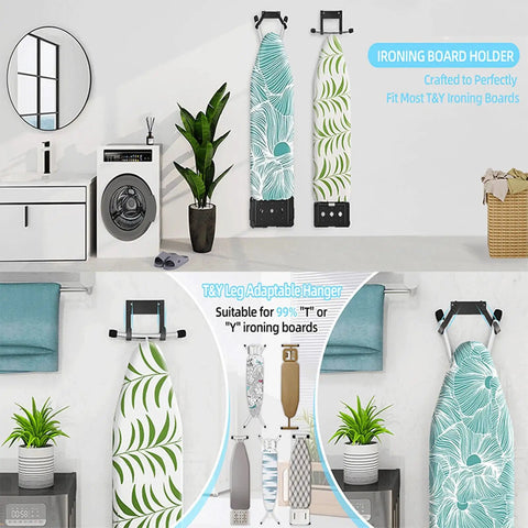 Wall Mount Ironing Board Hanger Kit Carbon Steel Holder for T Shaped and Y Shaped Legs shown in laundry room