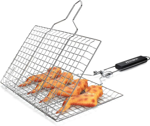 Folding Stainless Steel Fish Grill Basket For Outdoor BBQ Portable And Durable Grills Fish Veggies And Shrimp With Removable Handle