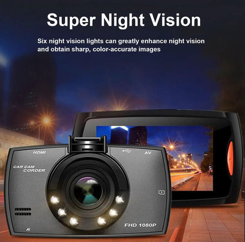 2.4 Inch 1080P Dash Cam For Cars With Super Night Vision shown with city night scene and camera lens detail