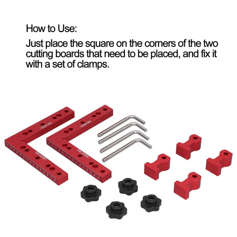 Heavy Duty Aluminum Right Angle Clamp Tool With Rock Solid 90 Degree Hold For Woodworkers And DIY crews, red square clamps with accessories.
