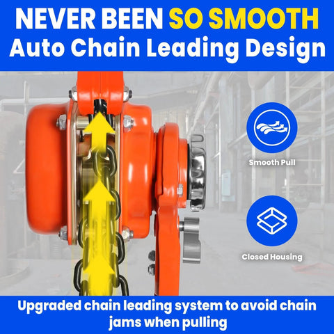 Front view of orange manual lever chain hoist (8-ton, 10 ft), G80 galvanized steel with double-pawl brake