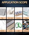 Various materials including tiles, glass, and ceramics showing application scope for Heavy Duty 10 Piece Diamond Hole Saw Kit With Brazed Coating For Drilling Tile Ceramic Marble And Glass 1/4 To 2 Inch Sizes Built Tough To Crush Any Project Without Skipping A Beat.