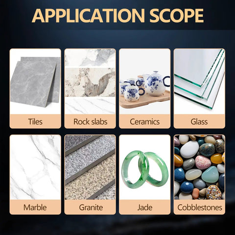 Various materials including tiles, glass, and ceramics showing application scope for Heavy Duty 10 Piece Diamond Hole Saw Kit With Brazed Coating For Drilling Tile Ceramic Marble And Glass 1/4 To 2 Inch Sizes Built Tough To Crush Any Project Without Skipping A Beat.