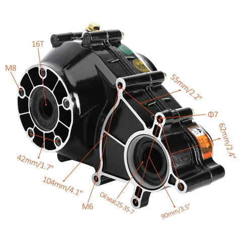Heavy Duty 16T Rear Axle Differential Gearbox With 9.5:1 Reduction For Electric Trikes Go Karts ATVs Quads UTVs Golf Carts showing dimensions