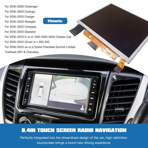 Straight Up 8.4 Inch Uconnect 4C UAQ Touch Screen LCD Display Upgrade With Bluetooth Android Auto Apple Carplay installed in a car.