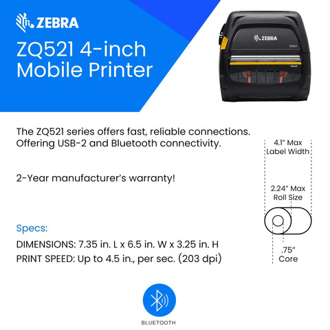 Rugged Mobile Direct Thermal Printer Built For The Daily Grind With 4 Inch Label Capacity At 203 Dpi Crisp Output Zero Ink Hassle Bluetooth Syncs In Seconds Fully Renewed And Shop Floor Ready, displaying Bluetooth connectivity and size dimensions.