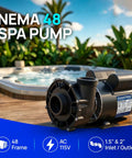Built Tough 1.5HP Dual Speed Spa Pump Featuring Slick 48 Frame Motor Design against a backdrop of a hot tub.