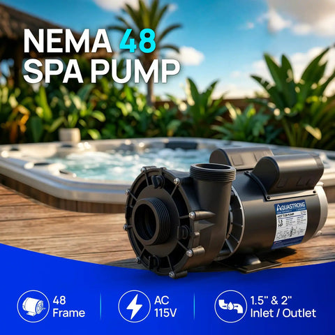 Built Tough 1.5HP Dual Speed Spa Pump Featuring Slick 48 Frame Motor Design against a backdrop of a hot tub.