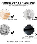 Usage guide for Heavy Duty Wood Hole Saw Kit, 16 Piece Set From 3/4 Inch to 5 Inch, shows compatible soft materials like PVC and soft wood.