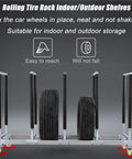 Heavy Duty Metal Rolling Tire Rack, Built Like A Rock Mobile Wheel Storage Cart with tires secured on caster wheels.