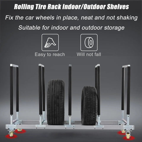 Heavy Duty Metal Rolling Tire Rack, Built Like A Rock Mobile Wheel Storage Cart with tires secured on caster wheels.