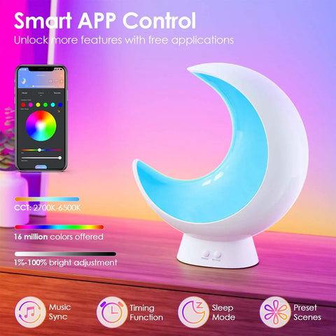 Smart Moon Table Lamp With Touch Control And Bluetooth App Control showcasing color app interface and crescent shape on table