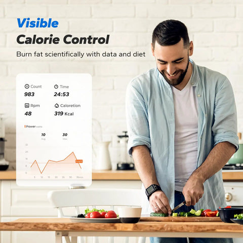 Man chopping vegetables in kitchen with calorie tracking screen showing data for durable balance board with pro strength resistance bands home cardio stepper trains glutes and thighs burns calories fast legit home gym staple level up your daily grind for all fitness levels.