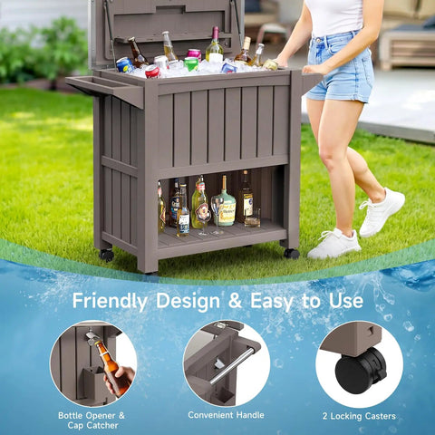 120-Quart Patio Cooler With Wheels, Rollable Outdoor Ice Chest With Bottle Opener, Collapsible Side Shelf And Drain Rack, Stainless Steel Lid, Party Ready For BBQs, Camping And Backyard Gatherings, Brown.