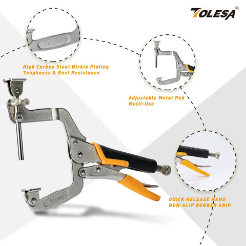 Two Ways 11 Inch Pocket Hole Clamps for Woodworking, metal face, adjustable 90 degree right angle clamps, quick release handle