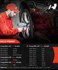 Image of a technician in red attire using a power tool on a vehicle wheel, highlighting vehicle fitment for various brands.