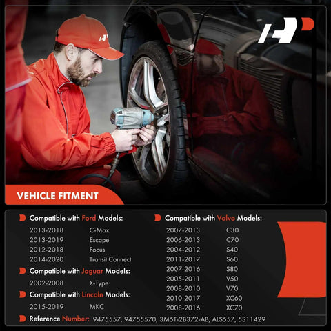 Image of a technician in red attire using a power tool on a vehicle wheel, highlighting vehicle fitment for various brands.