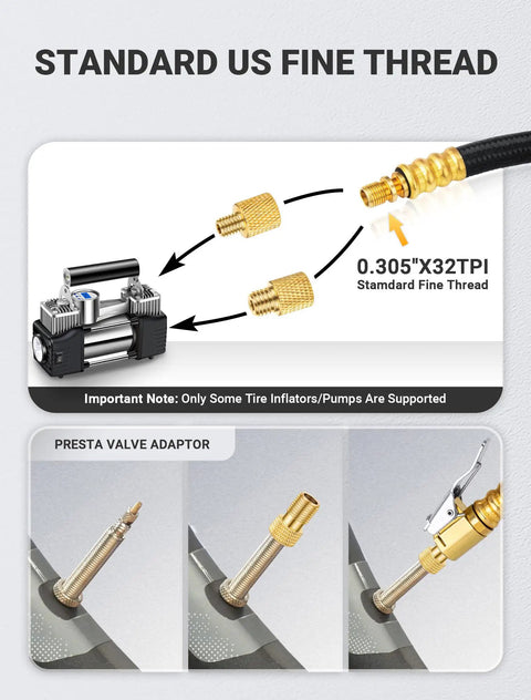 12 Inch Tire Inflator Extension Hose With Clip On Chuck And Presta Valve Adapter brass fine thread details