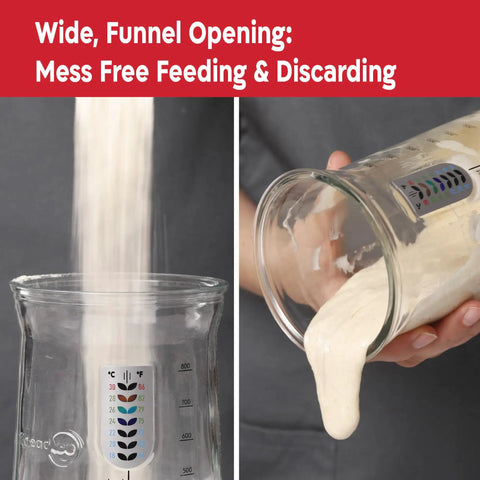 34 Oz Large Capacity Sourdough Starter Jar With Funnel Opening And Silicone Cover in use for easy feeding and discarding.
